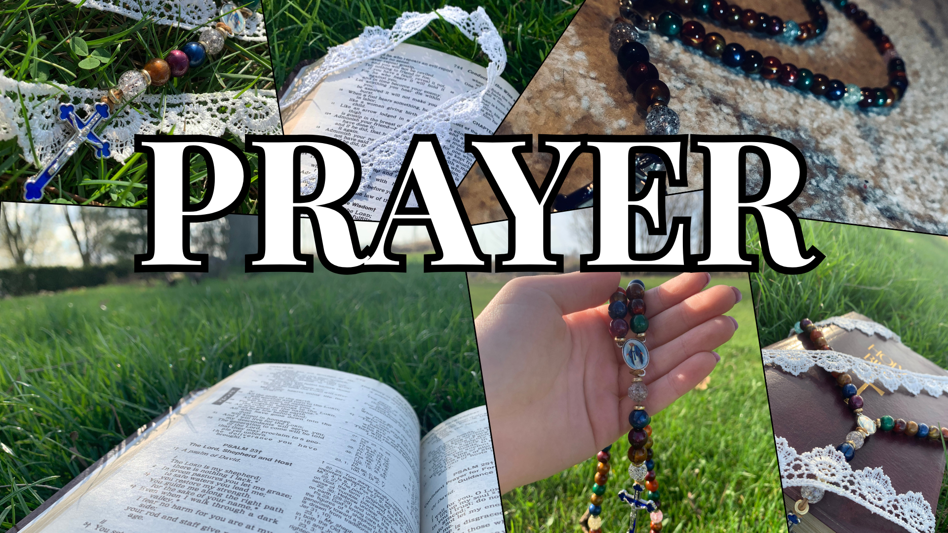 A collage full of pictures of the bible and the rosary.